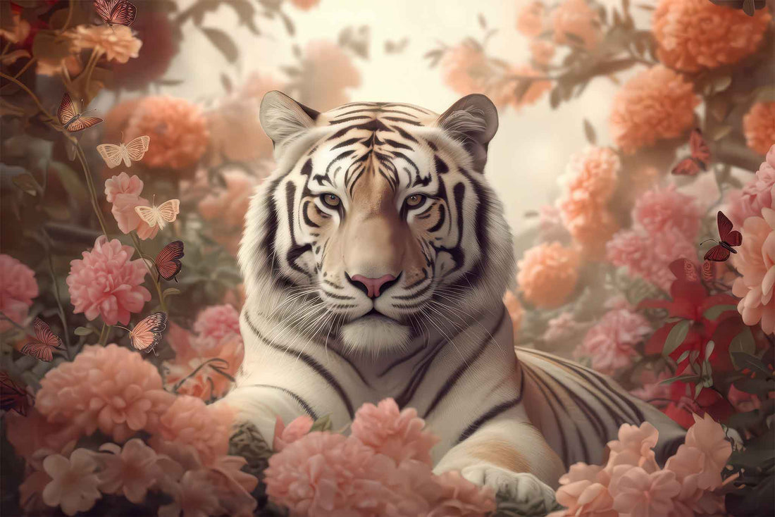 3D Tiger Wallpaper with Pink Flowers  Exotic Animal Wall Mural YH-02187