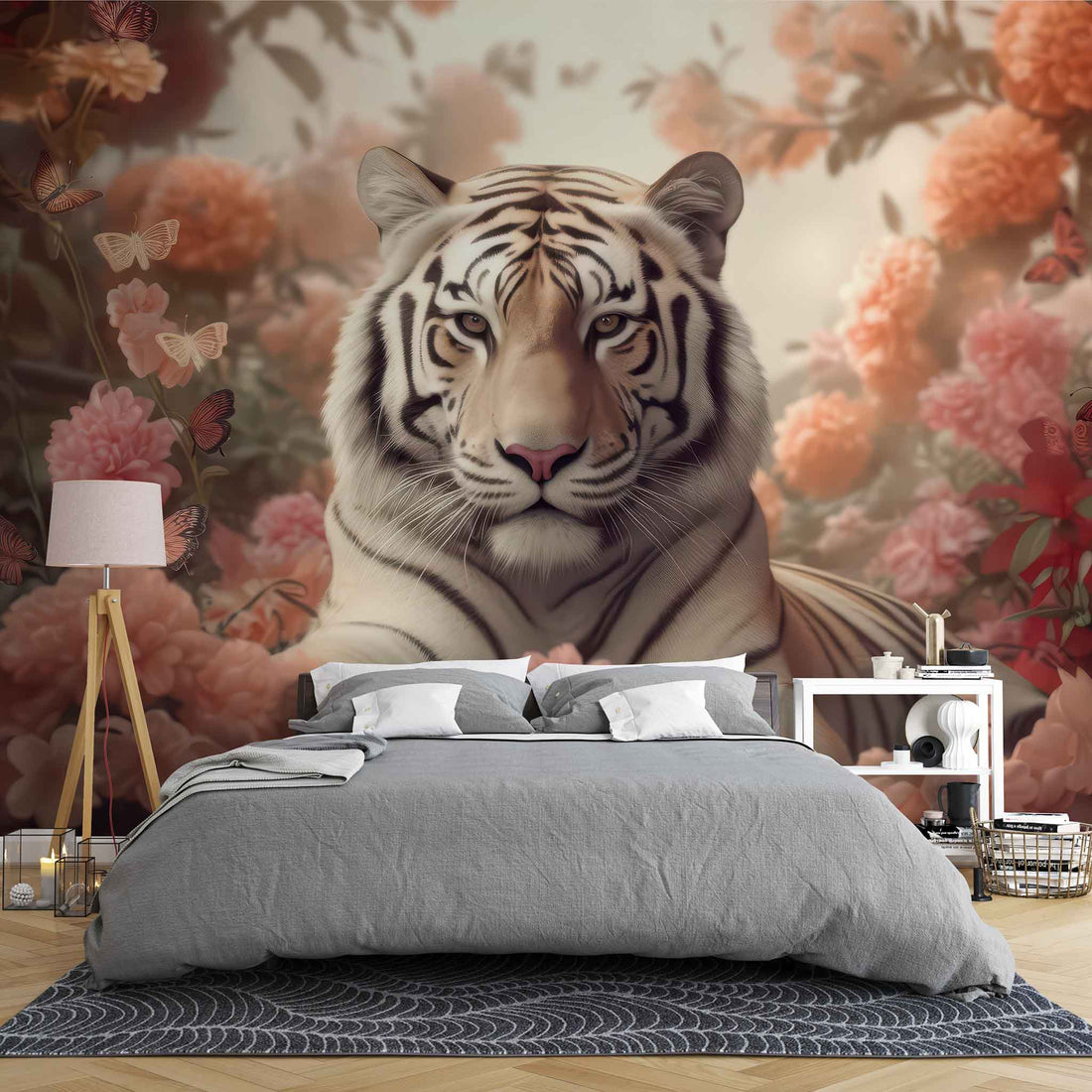 3D Tiger Wallpaper with Pink Flowers  Exotic Animal Wall Mural YH-02187