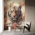 3D Tiger Wallpaper with Pink Flowers  Exotic Animal Wall Mural YH-02187