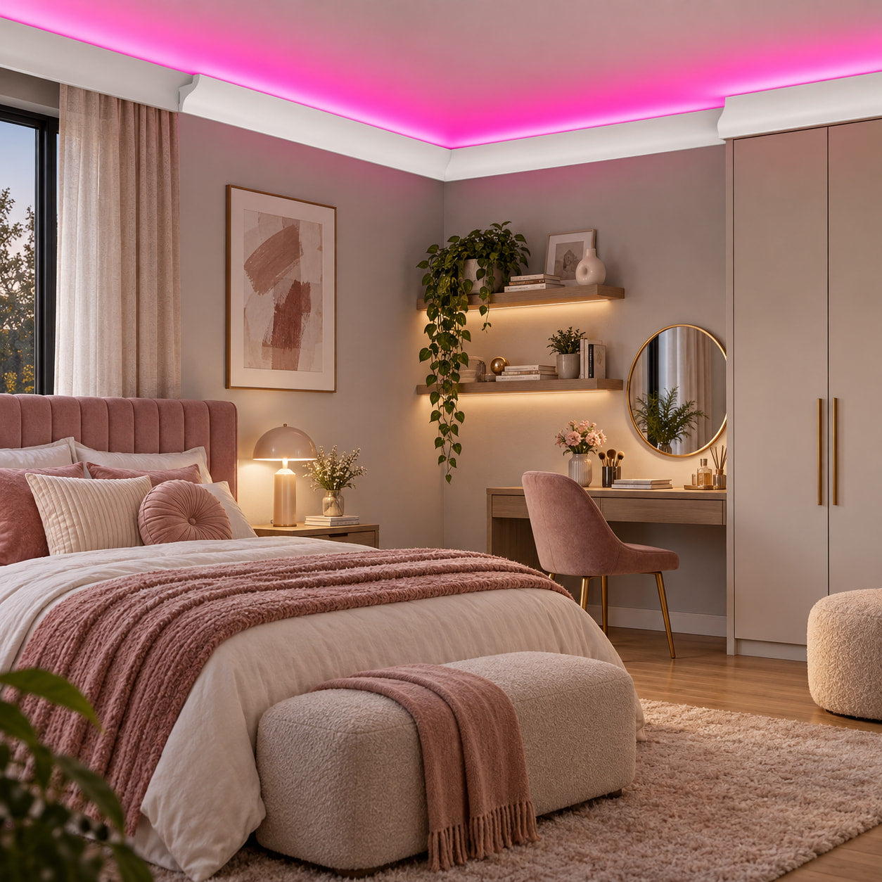 Elegant bedroom with ACL-006 LED crown molding and soft pink indirect ceiling lighting