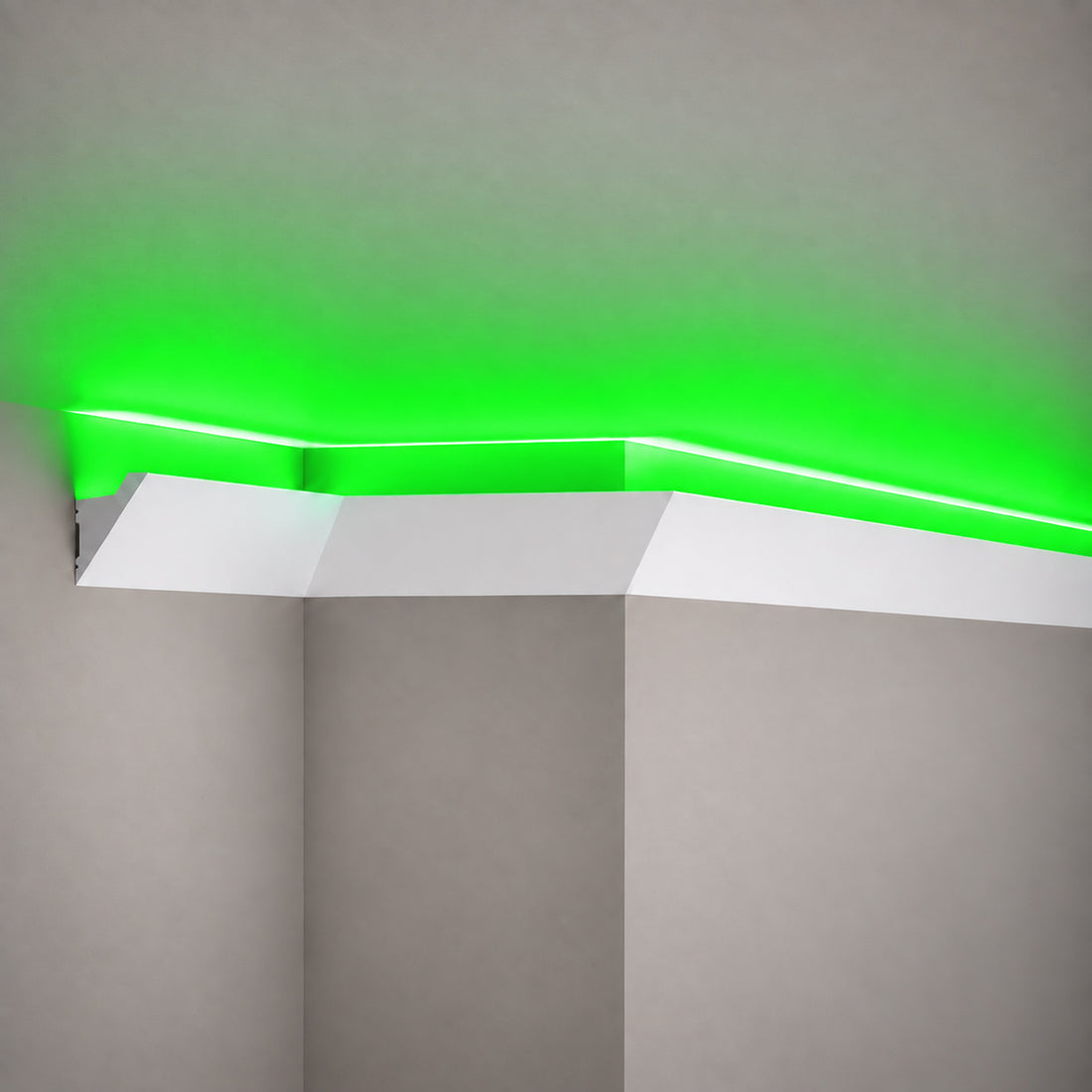 ACL-008 paintable LED crown molding with hidden green indirect lighting along the ceiling