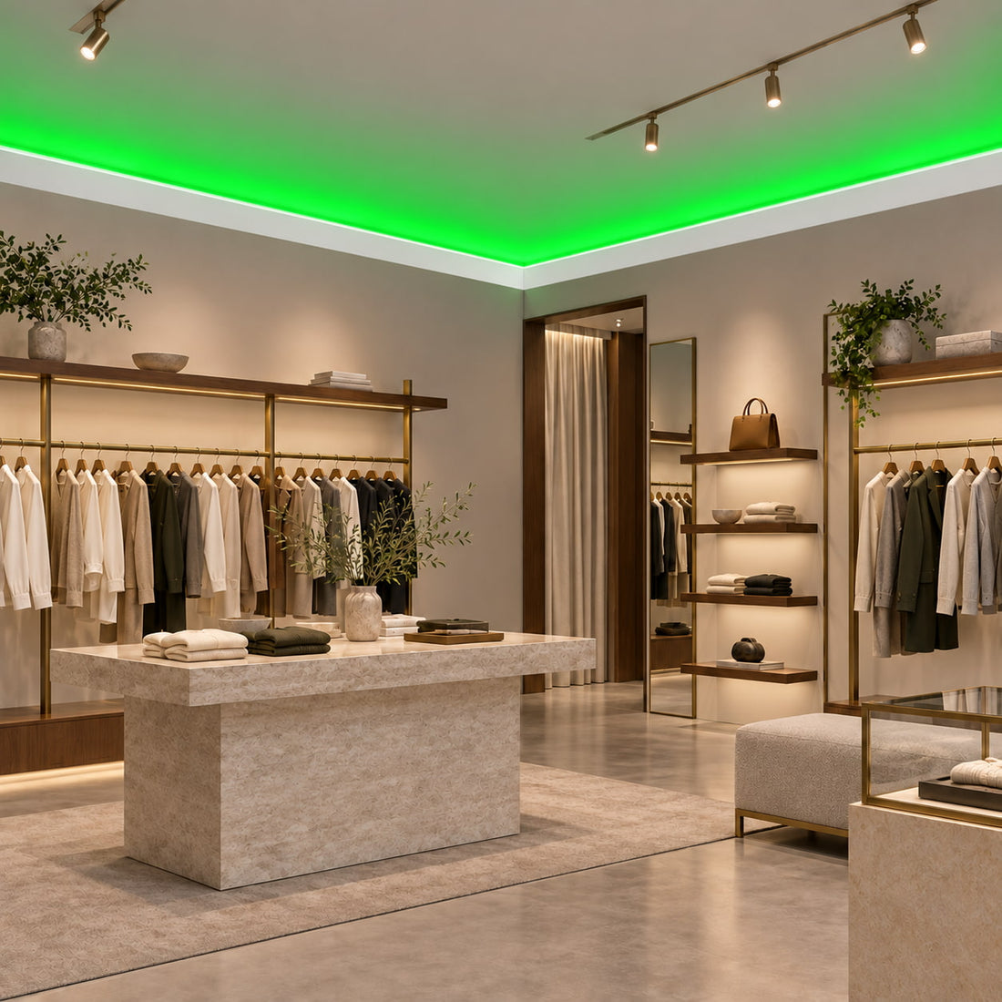 ACL-008 paintable LED crown molding with hidden green indirect lighting along the ceiling