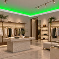 Modern commercial interior featuring ACL-008 crown molding with bright green LED lighting