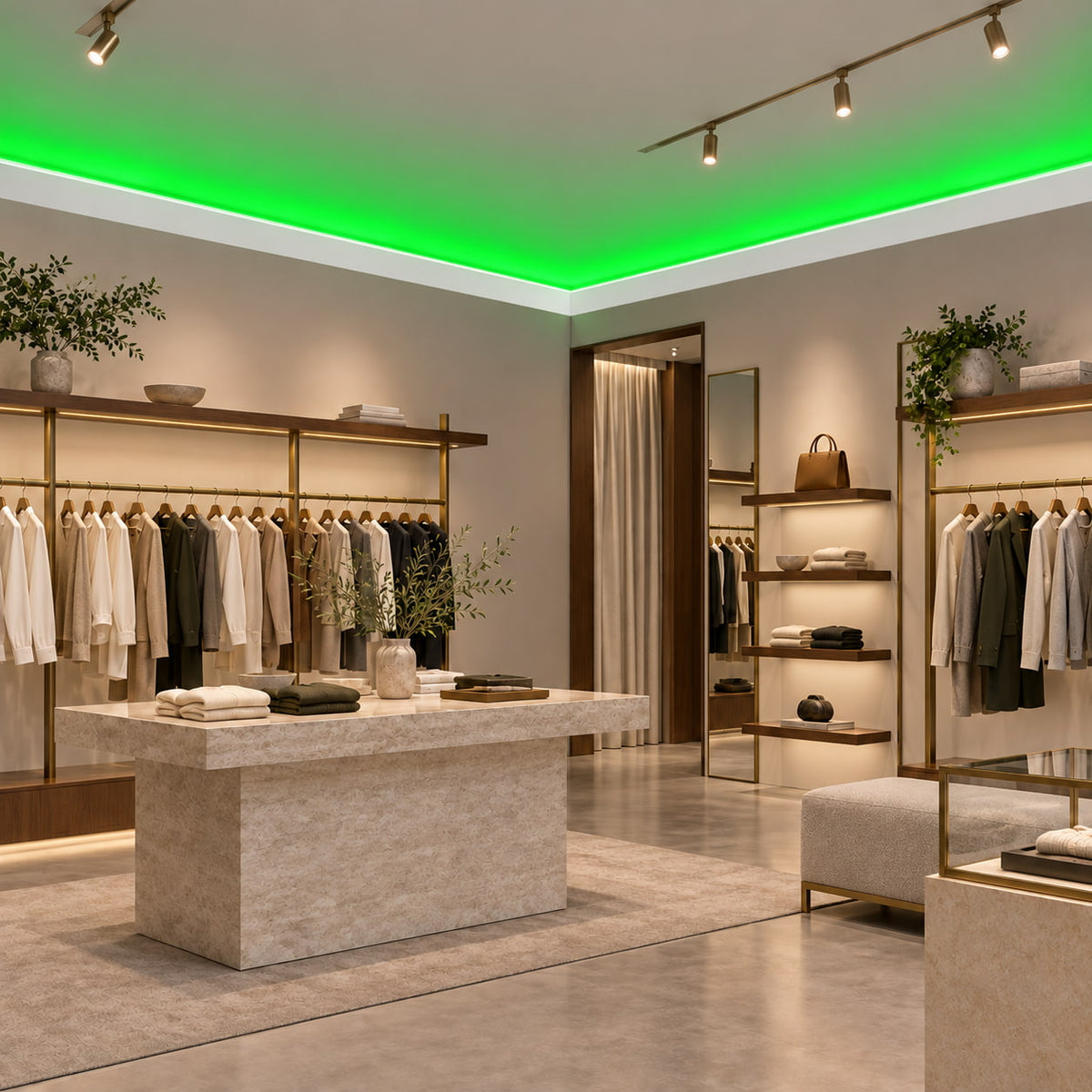 Modern commercial interior featuring ACL-008 crown molding with bright green LED lighting