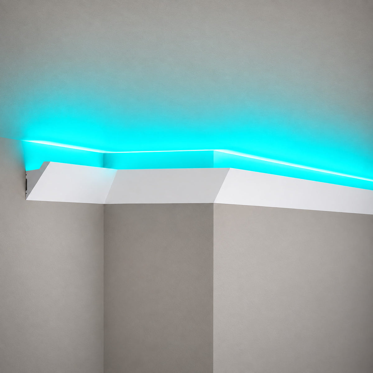 ACL-008 angular white LED crown molding with turquoise indirect ceiling lighting