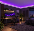 ACL-009 hidden LED crown molding with vivid purple lighting in a modern entertainment room