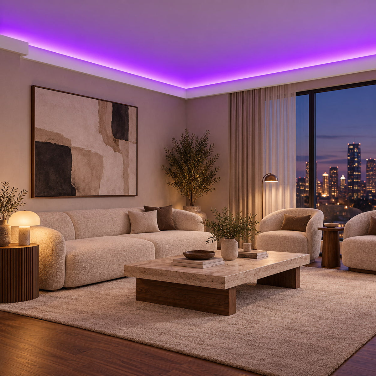 Contemporary bedroom with ACL-009 LED crown molding and purple indirect ceiling light
