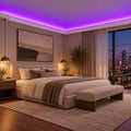 Luxury living room finished with ACL-009 crown molding and purple ambient ceiling lighting