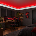 Modern lounge featuring ACL-011 crown molding with a hidden red LED light channel