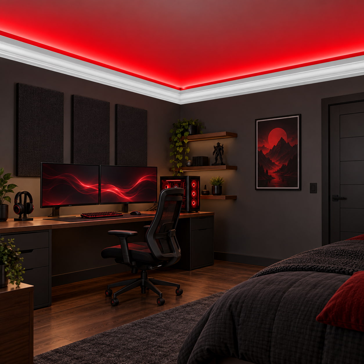 Modern lounge featuring ACL-011 crown molding with a hidden red LED light channel