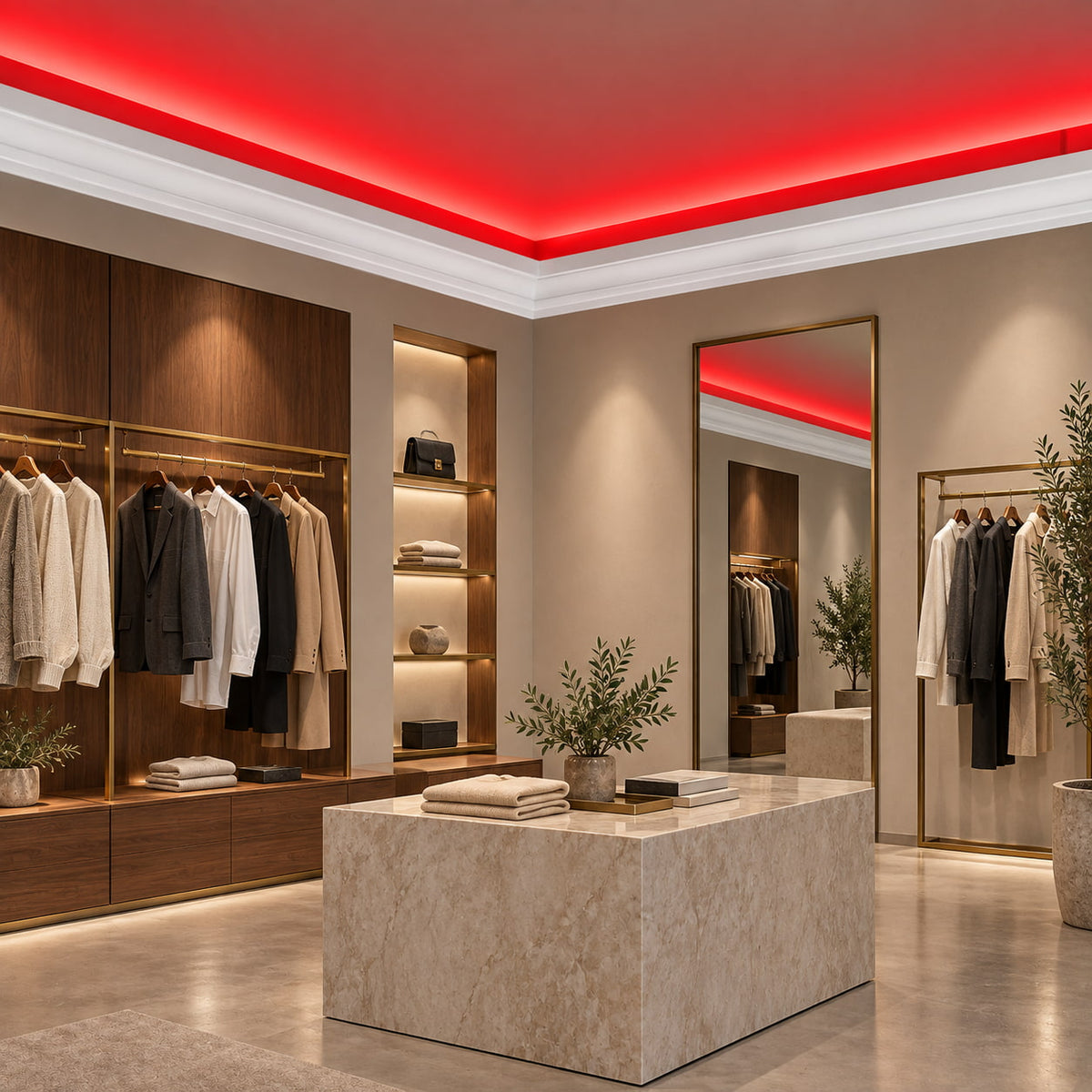 ACL-011 white LED crown molding with red indirect ceiling lighting in a modern living room