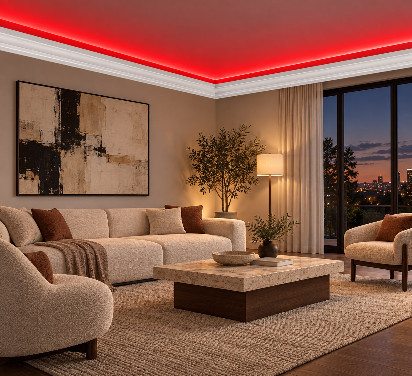 ACL-011 paintable ceiling trim with red ambient LED lighting in an elegant bedroom