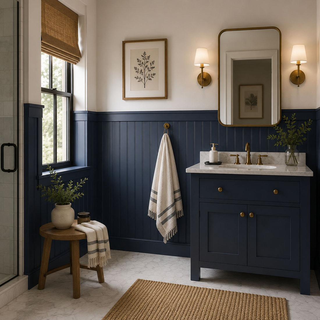Paintable beadboard wall paneling kit with decorative top trim for a classic wainscoting wall