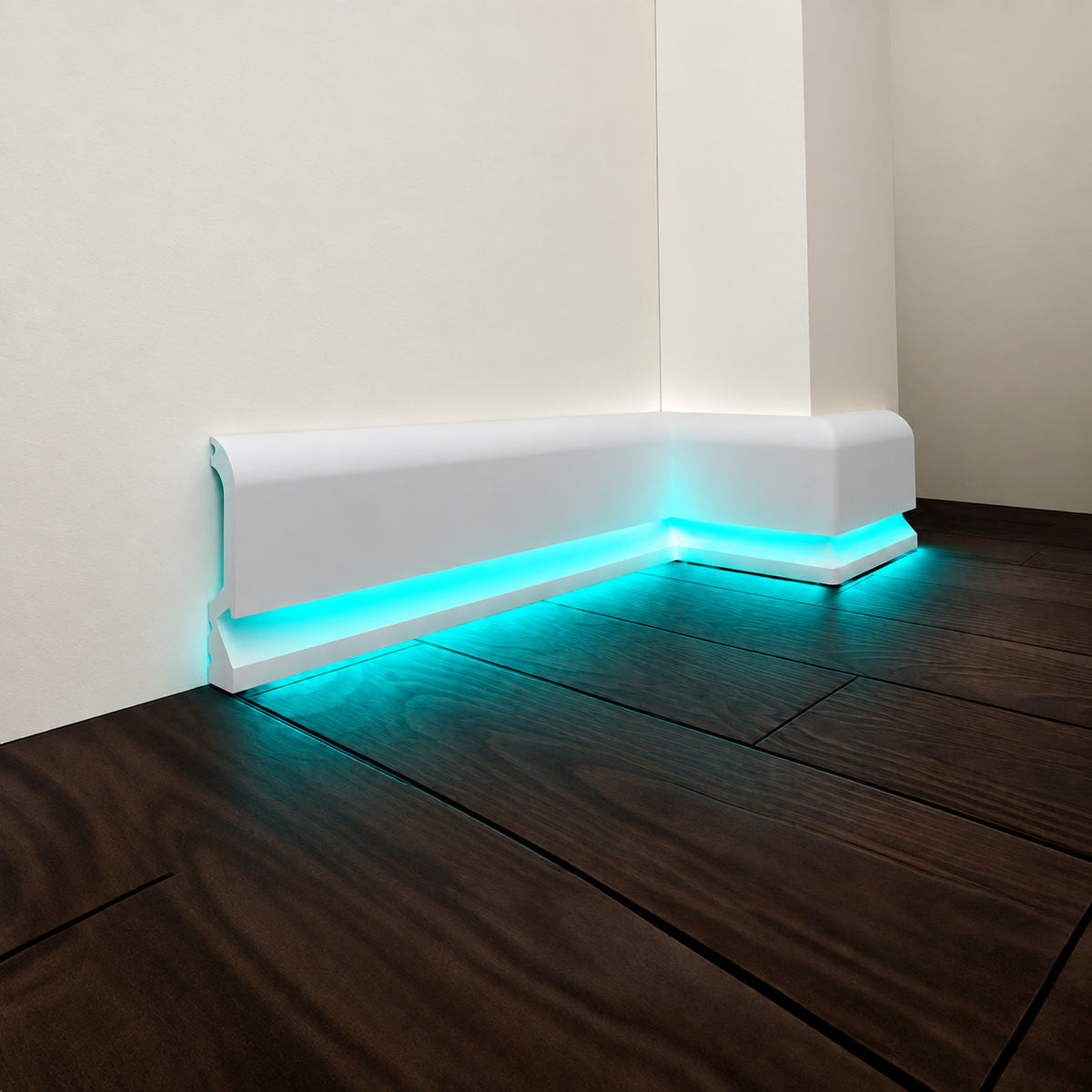 ASL-001 white LED baseboard molding with bright turquoise indirect floor lighting