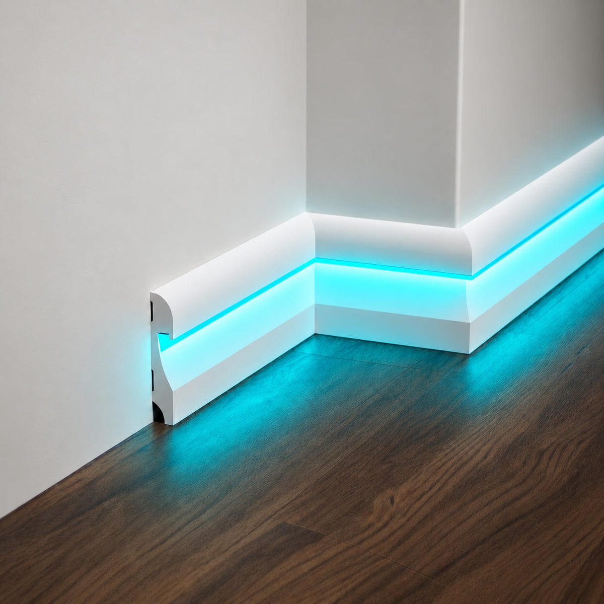 ASL-002 modern white LED baseboard with concealed turquoise ambient lighting
