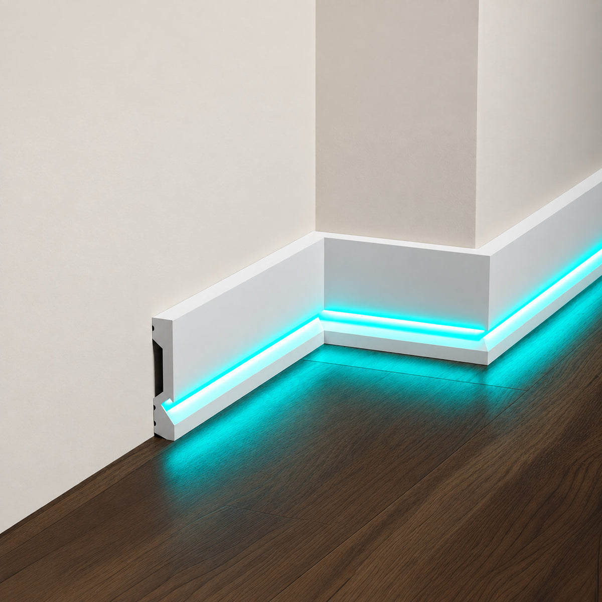 ASL-003 white LED baseboard molding with hidden turquoise floor illumination