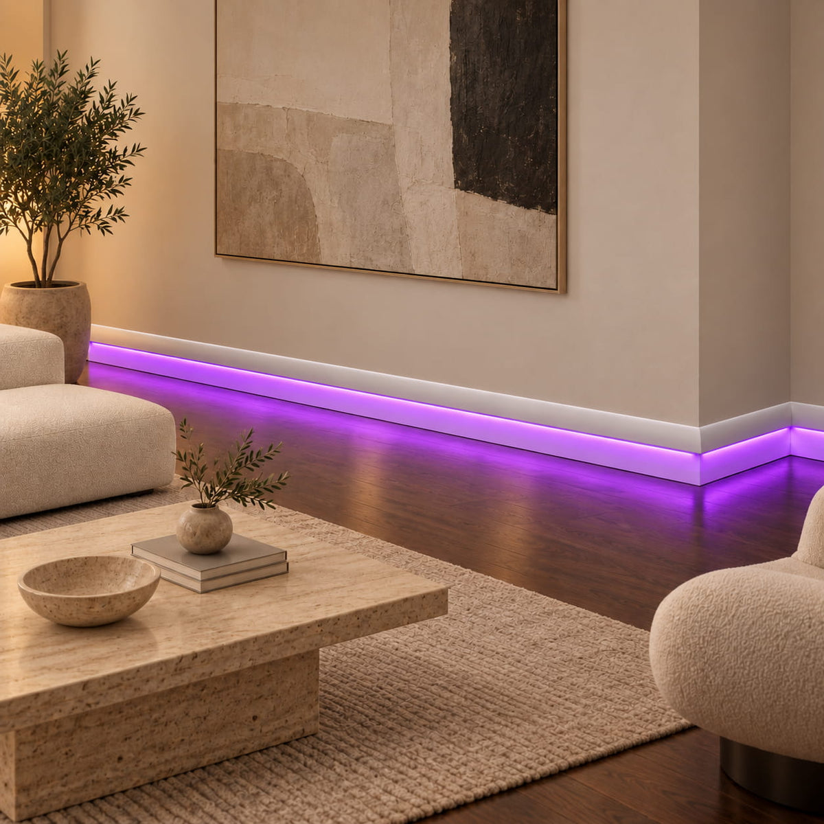 Modern interior featuring ASL-002 LED baseboard with continuous purple ambient lighting along the walls