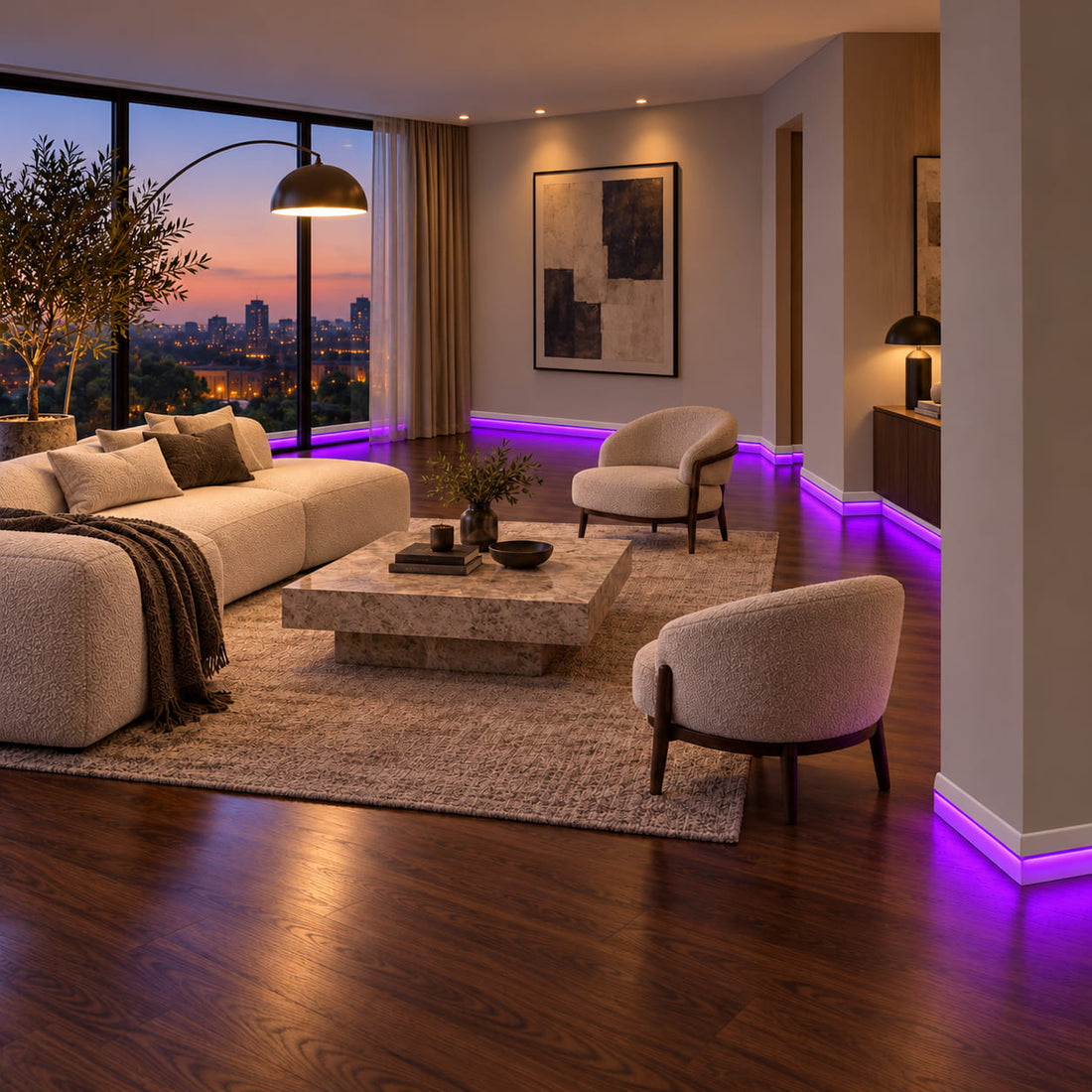 Close-up of ASL-002 paintable LED baseboard with hidden purple light channel and mitered corner joints