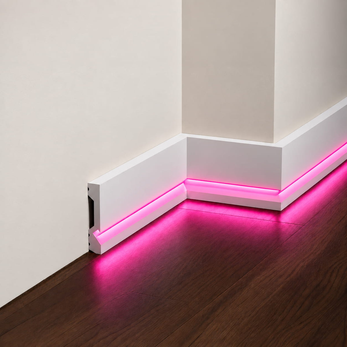 ASL-003 white LED baseboard profile with concealed pink lighting, internal and external corner installation