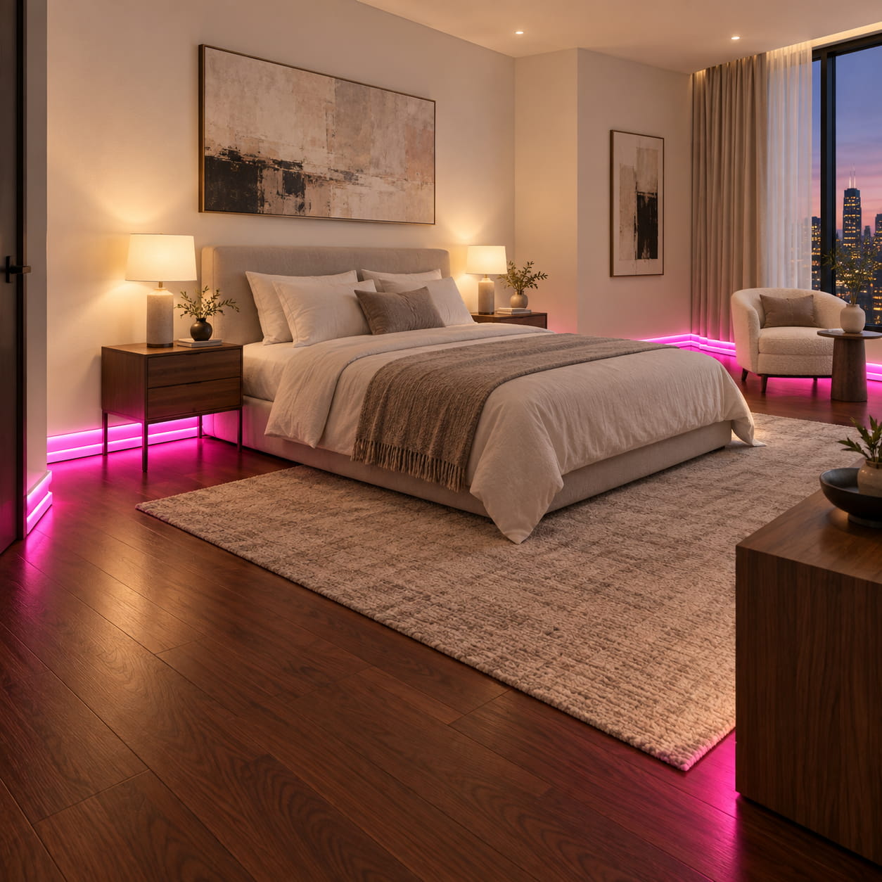 ASL-003 LED baseboard with bright pink ambient lighting installed throughout a contemporary luxury bedroom