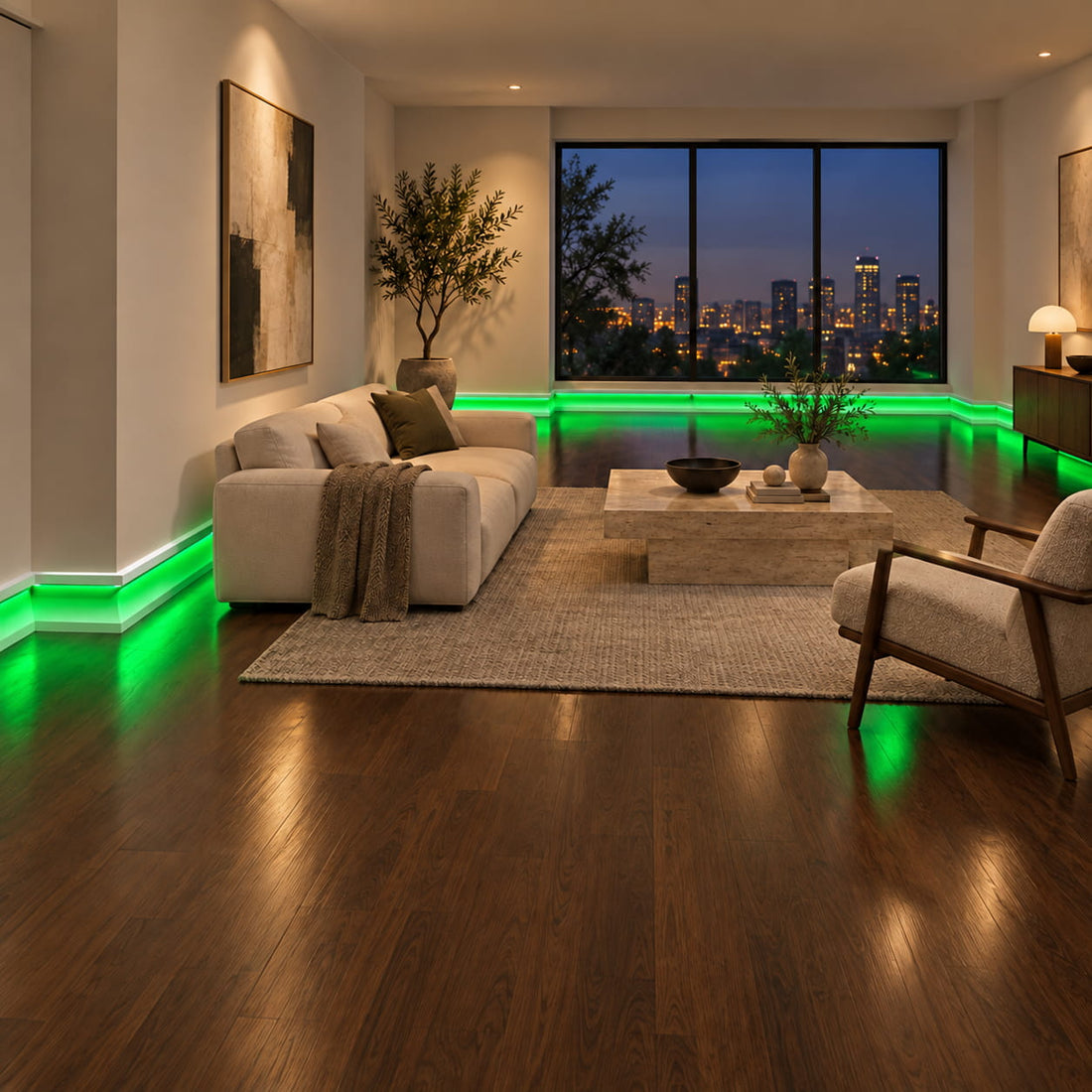 Close-up of ASL-004 white LED baseboard with a concealed green light channel and illuminated wood flooring