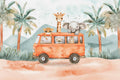 Baby Safari Animals on the Bus Wallpaper, Nursery Room Mural YCO-05118