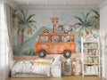 Baby Safari Animals on the Bus Wallpaper, Nursery Room Mural YCO-05118