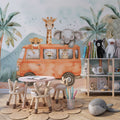 Baby Safari Animals on the Bus Wallpaper, Nursery Room Mural YCO-05118