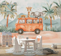 Baby Safari Animals on the Bus Wallpaper, Nursery Room Mural YCO-05118