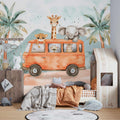 Baby Safari Animals on the Bus Wallpaper, Nursery Room Mural YCO-05118