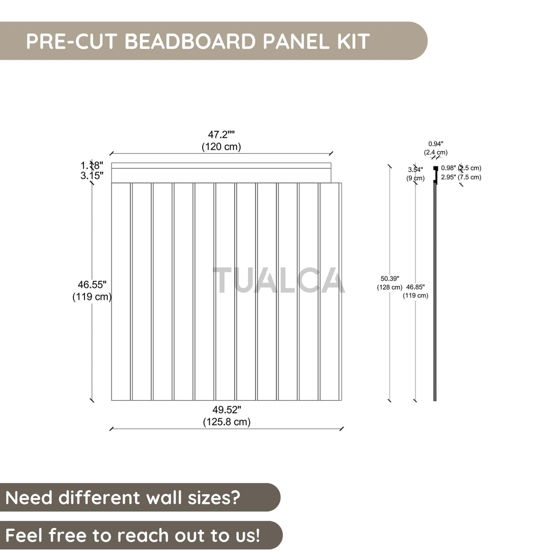 Paintable beadboard wall paneling kit with decorative top trim for a classic wainscoting wall