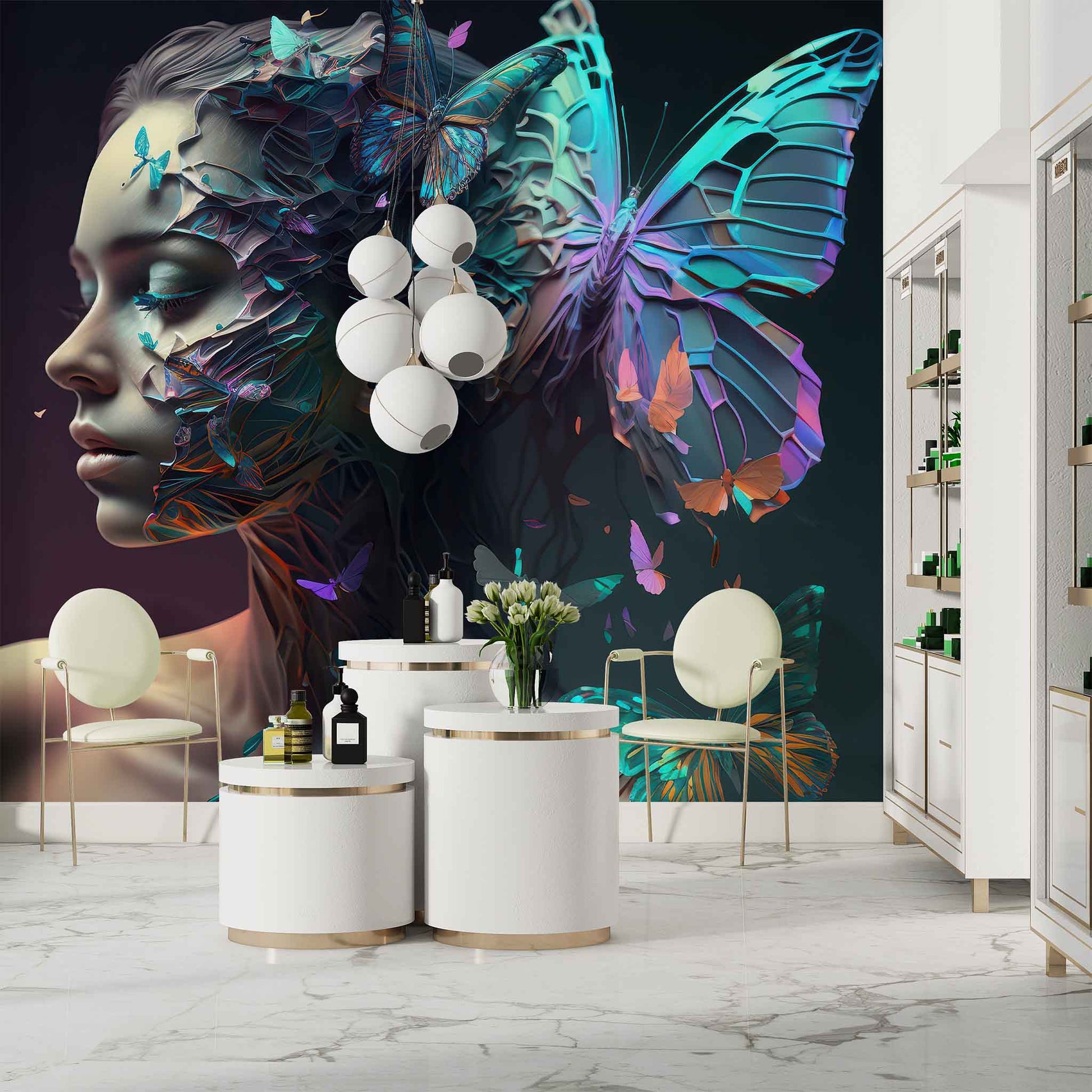 Blue Butterfly and Woman Wallpaper, Beauty Salon Wall Art YK-00600