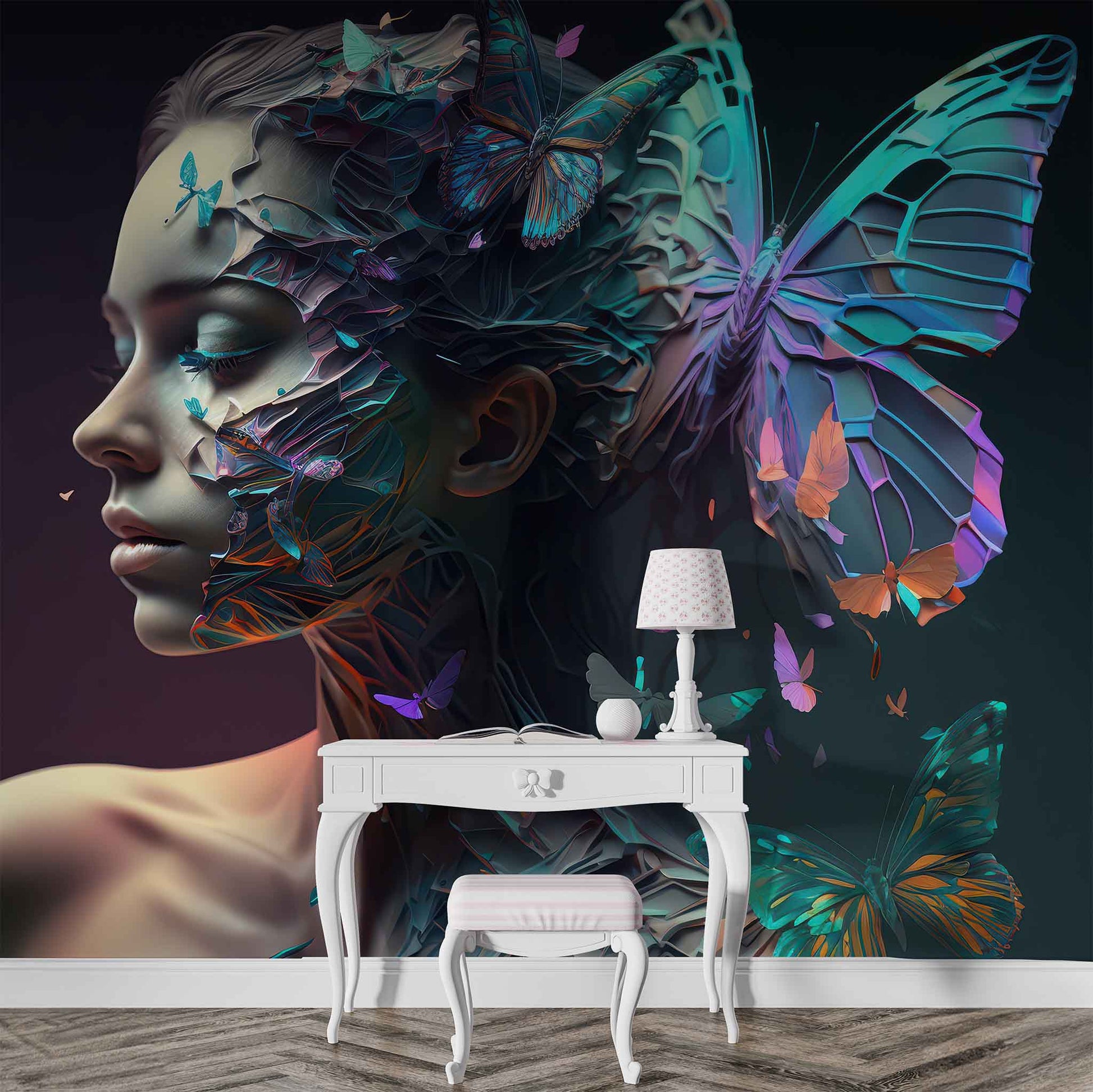 Blue Butterfly and Woman Wallpaper, Beauty Salon Wall Art YK-00600