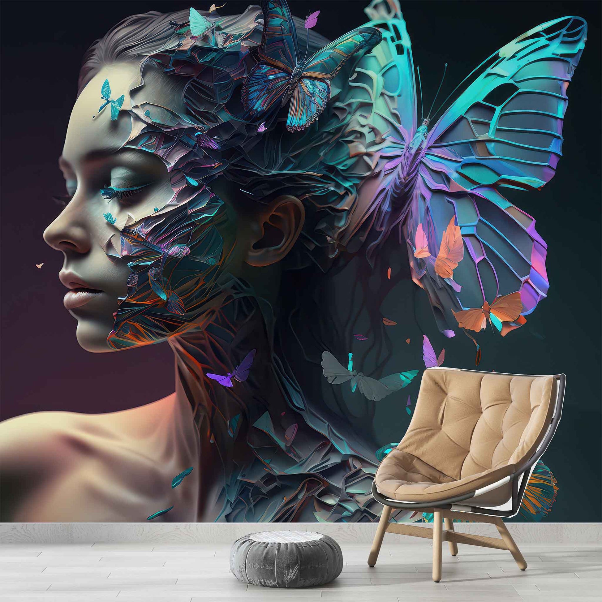 Blue Butterfly and Woman Wallpaper, Beauty Salon Wall Art YK-00600