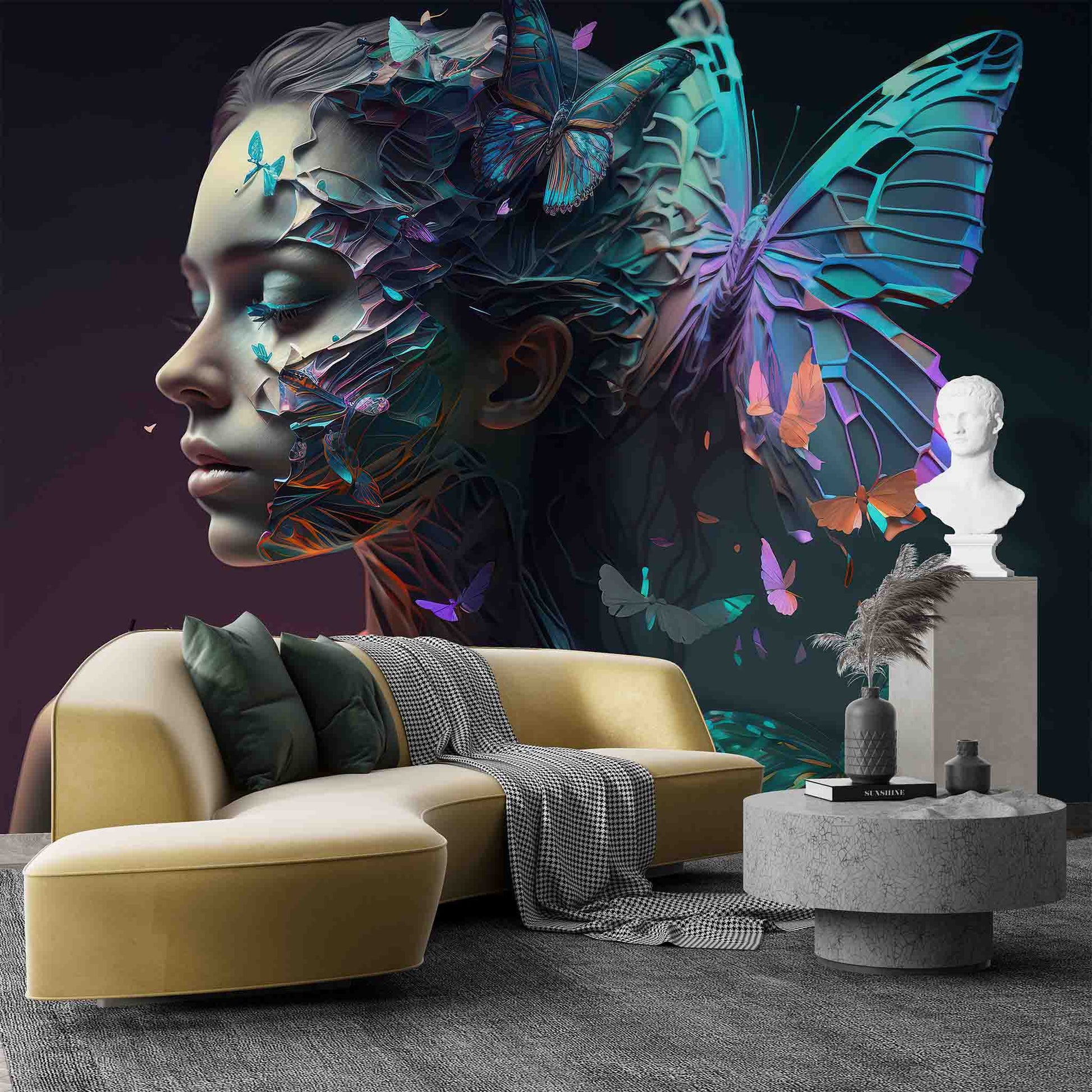 Blue Butterfly and Woman Wallpaper, Beauty Salon Wall Art YK-00600