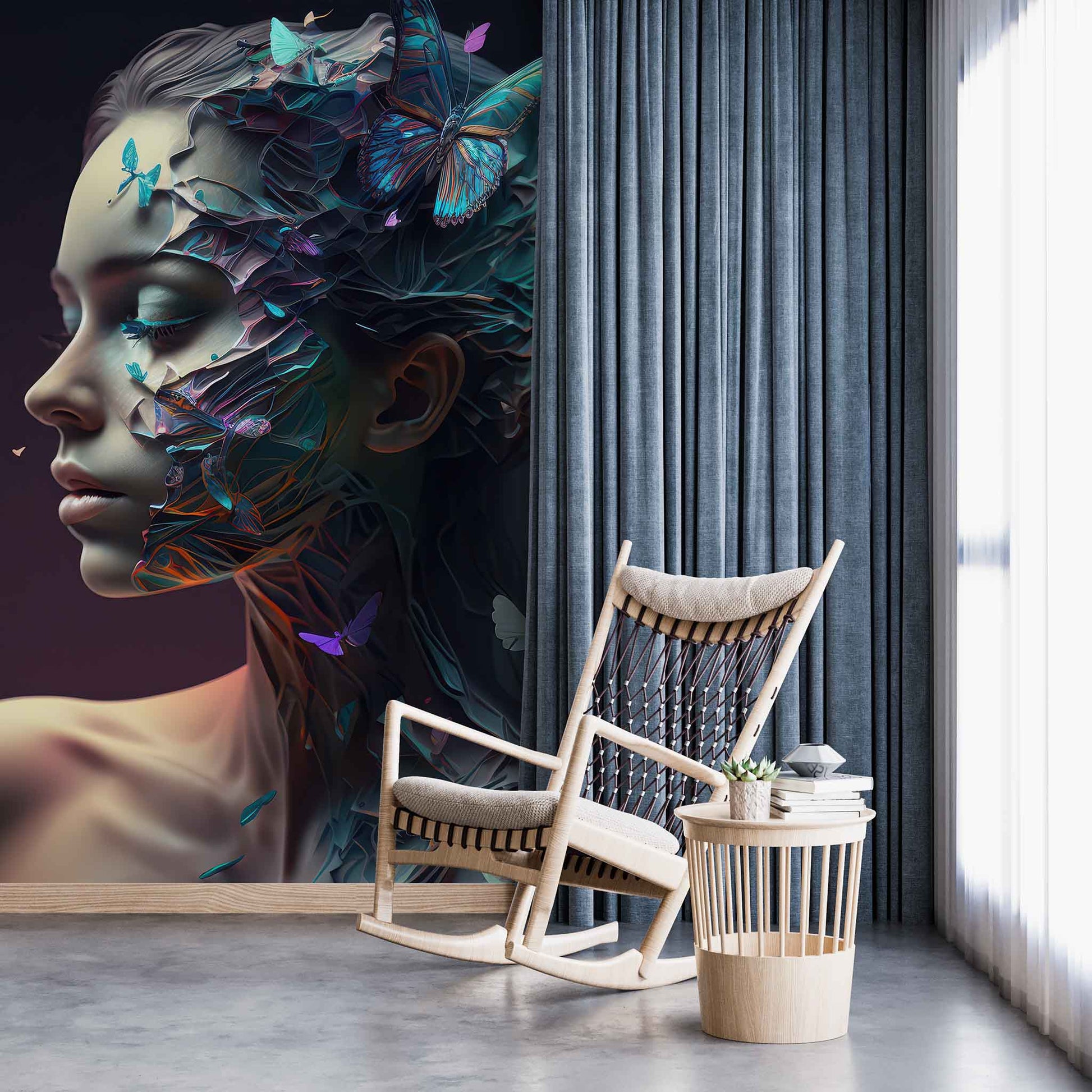 Blue Butterfly and Woman Wallpaper, Beauty Salon Wall Art YK-00600