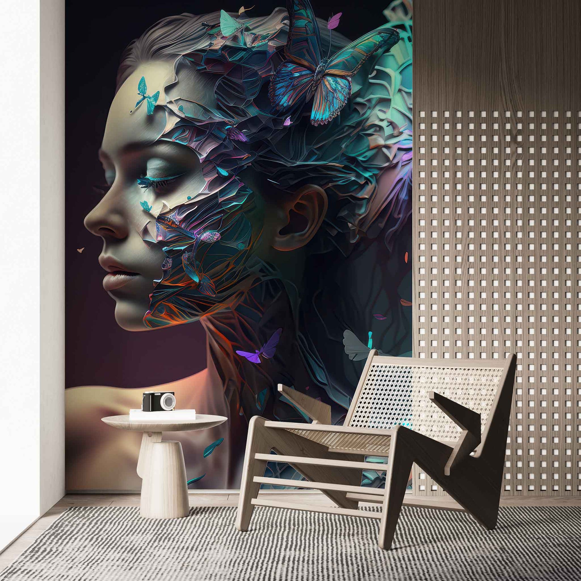 Blue Butterfly and Woman Wallpaper, Beauty Salon Wall Art YK-00600