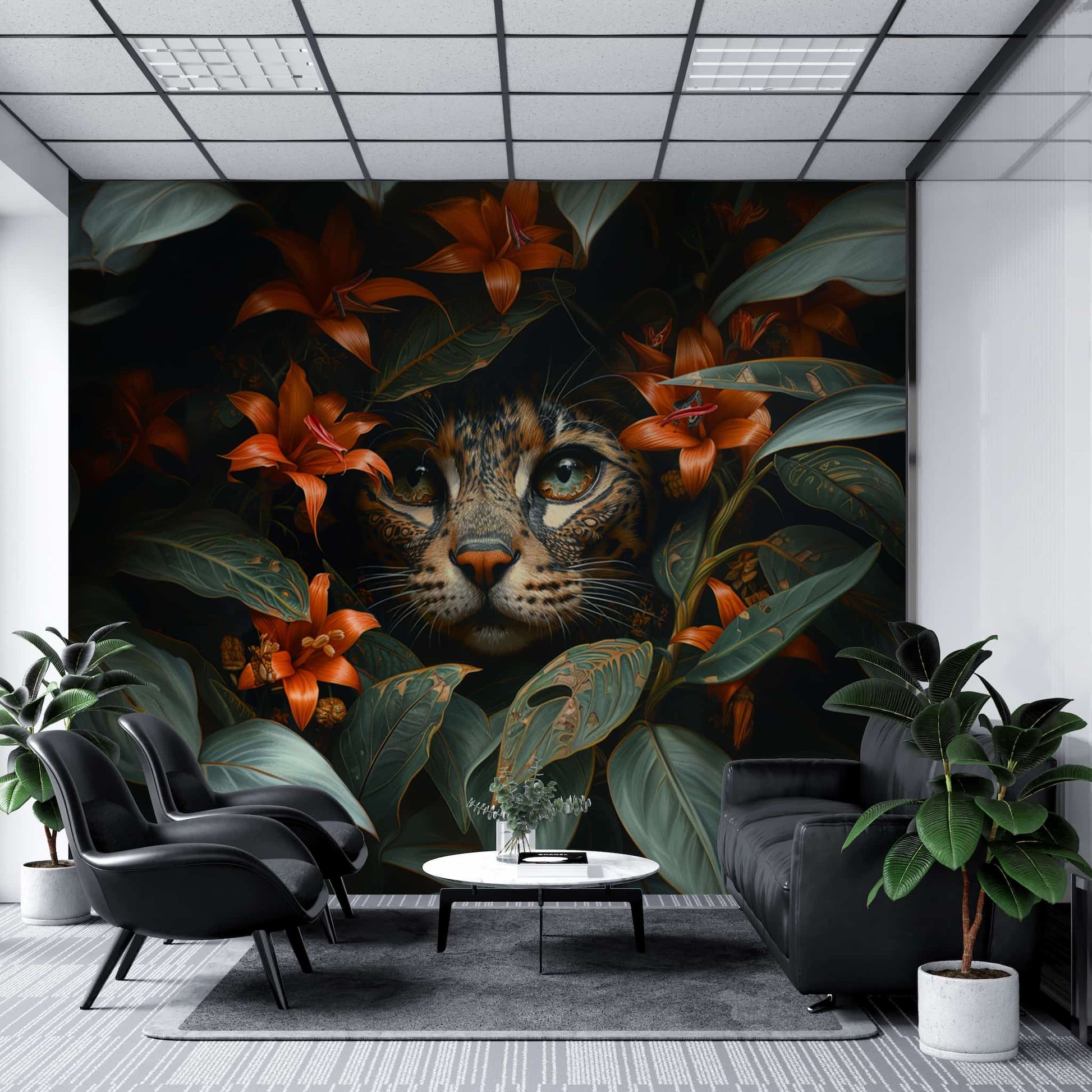 Botanical Lily and Cat Wallpaper | Charming Floral and Animal Wall YCO-03006