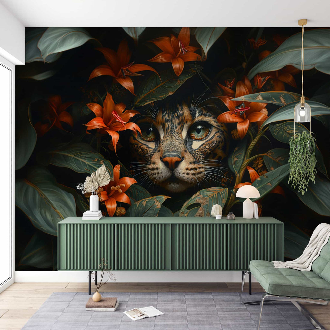 Botanical Lily and Cat Wallpaper | Charming Floral and Animal Wall YCO-03006