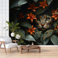 Botanical Lily and Cat Wallpaper | Charming Floral and Animal Wall YCO-03006