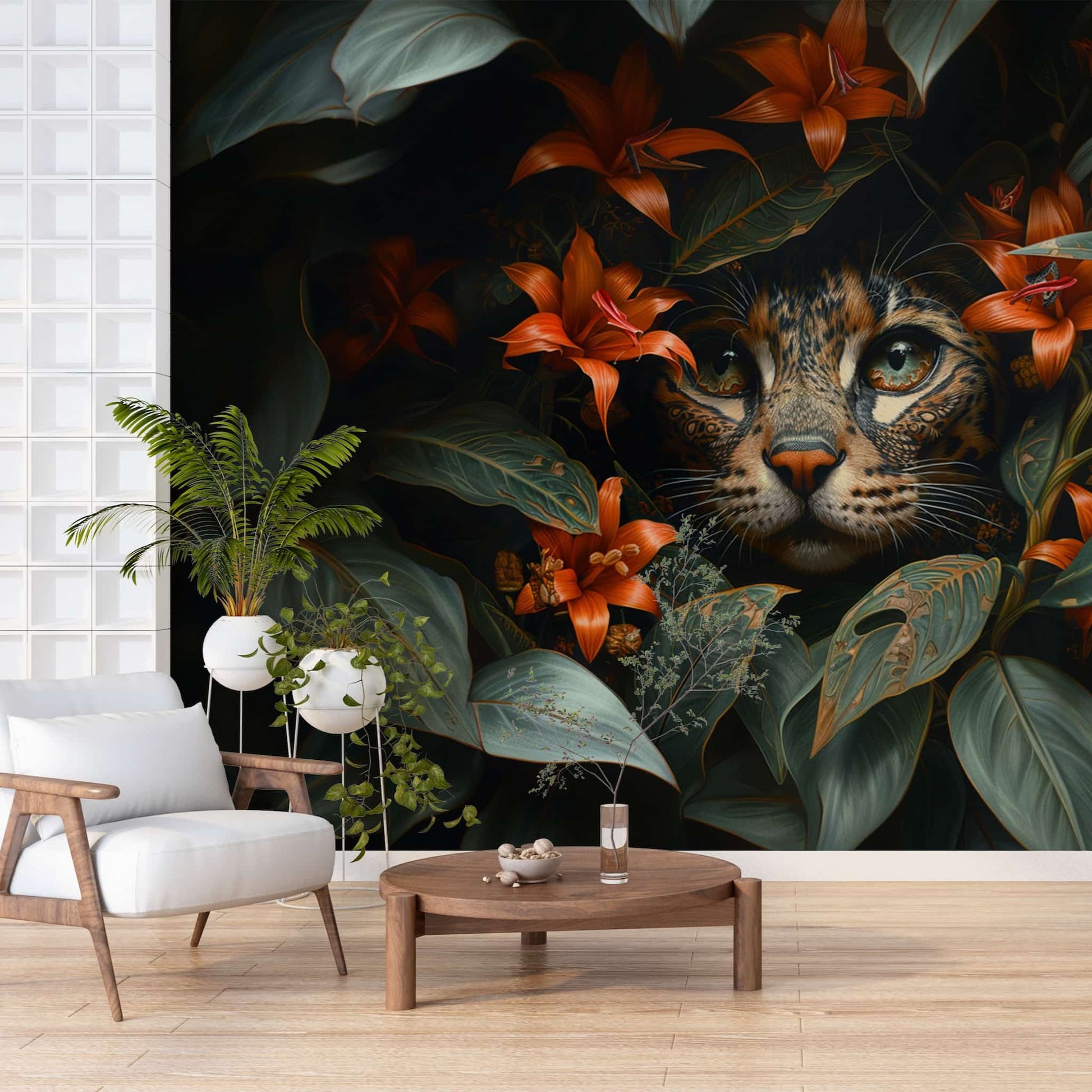 Botanical Lily and Cat Wallpaper | Charming Floral and Animal Wall YCO-03006