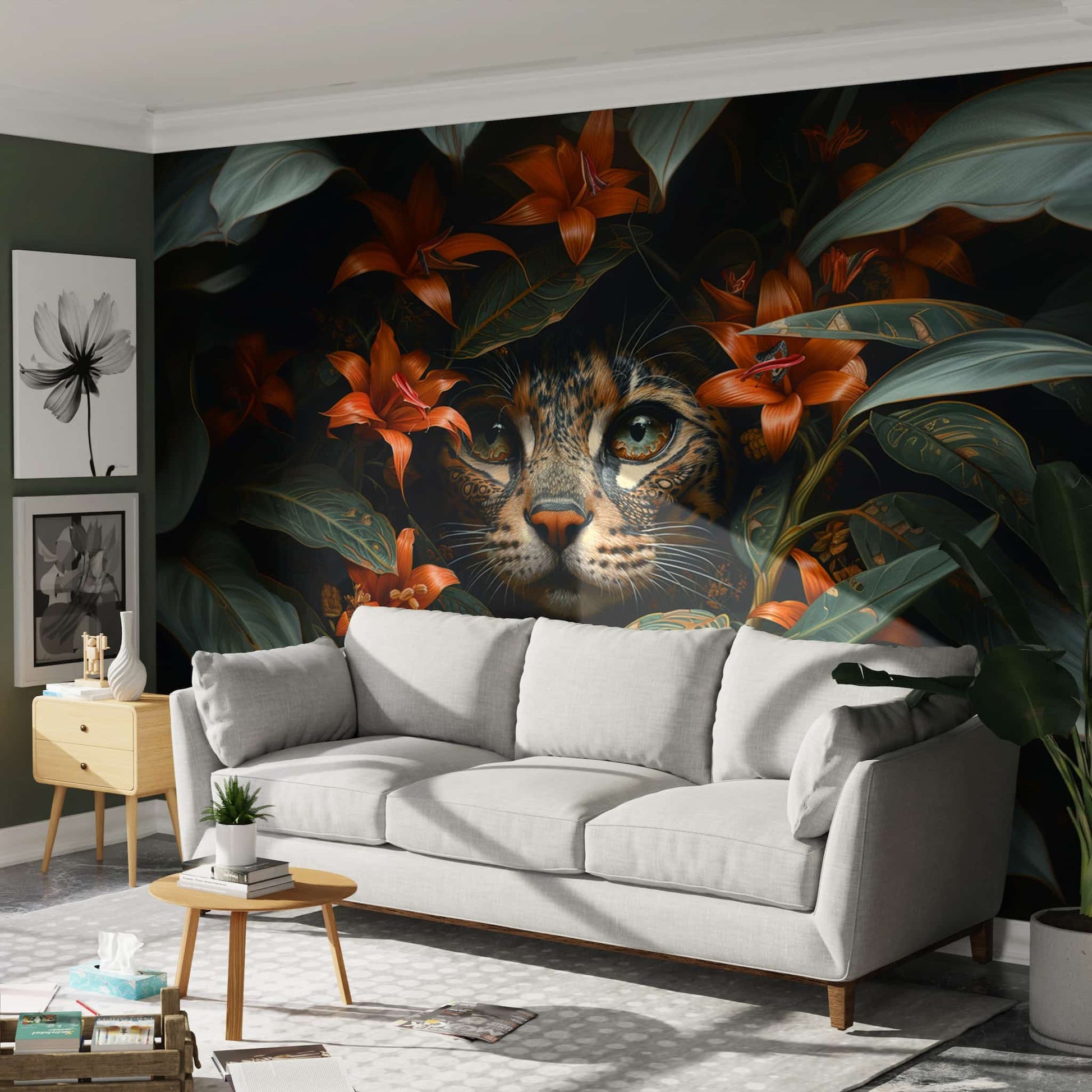 Botanical Lily and Cat Wallpaper | Charming Floral and Animal Wall YCO-03006