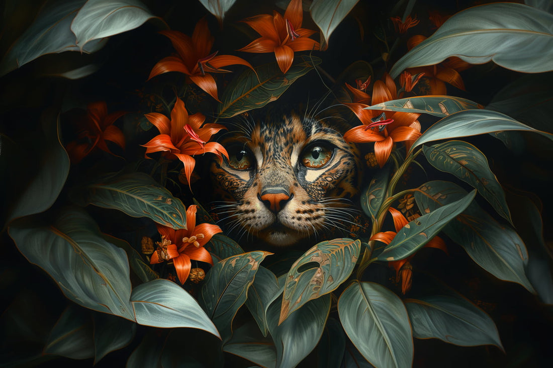 Botanical Lily and Cat Wallpaper | Charming Floral and Animal Wall YCO-03006