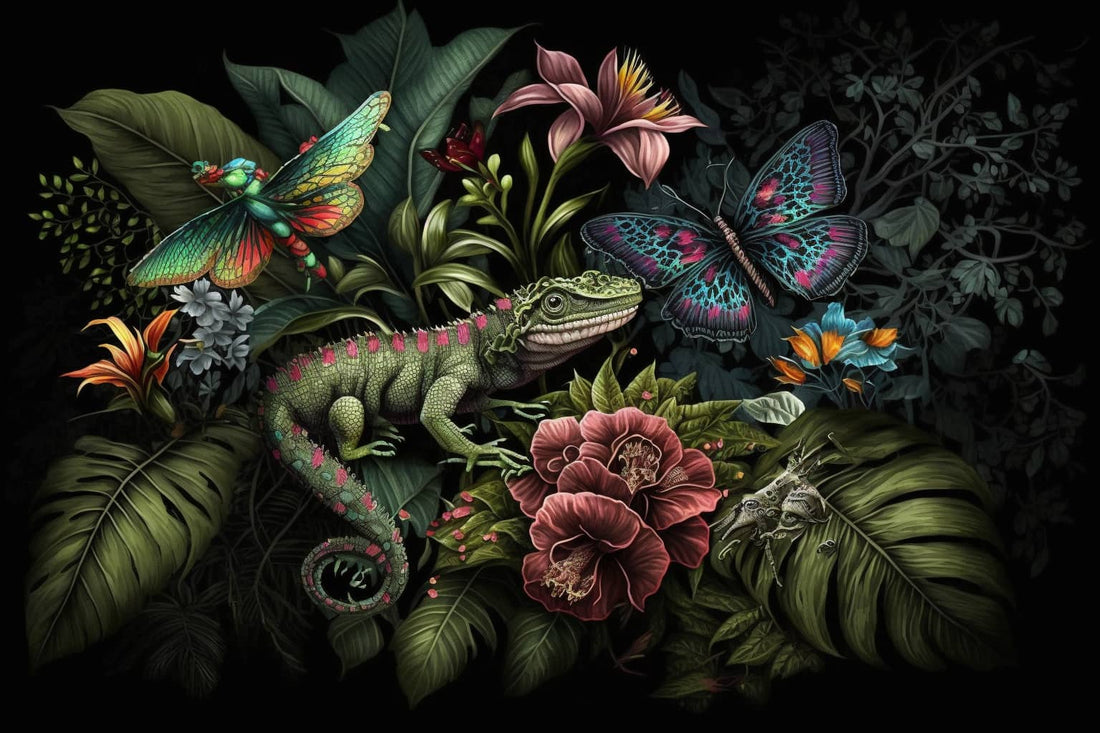 Chameleon and Butterflies Wallpaper Botanical Dark Wall Art YF-00327