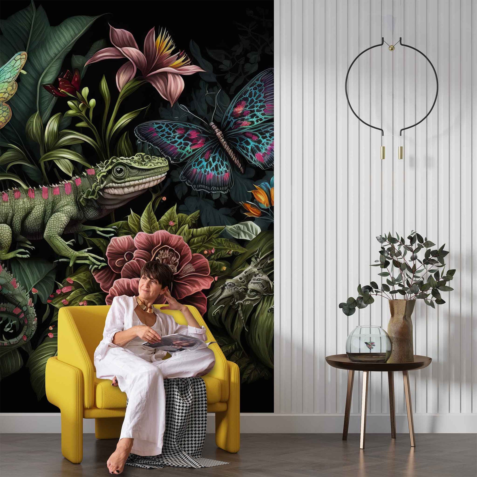 Chameleon and Butterflies Wallpaper Botanical Dark Wall Art YF-00327