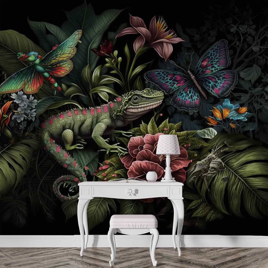 Chameleon and Butterflies Wallpaper Botanical Dark Wall Art YF-00327