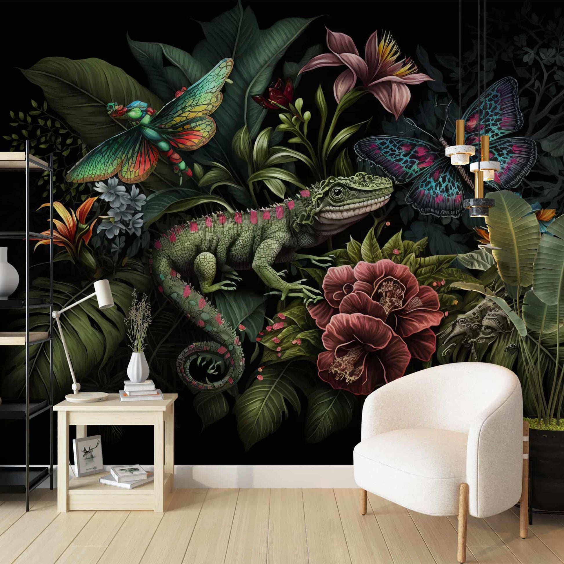 Chameleon and Butterflies Wallpaper Botanical Dark Wall Art YF-00327