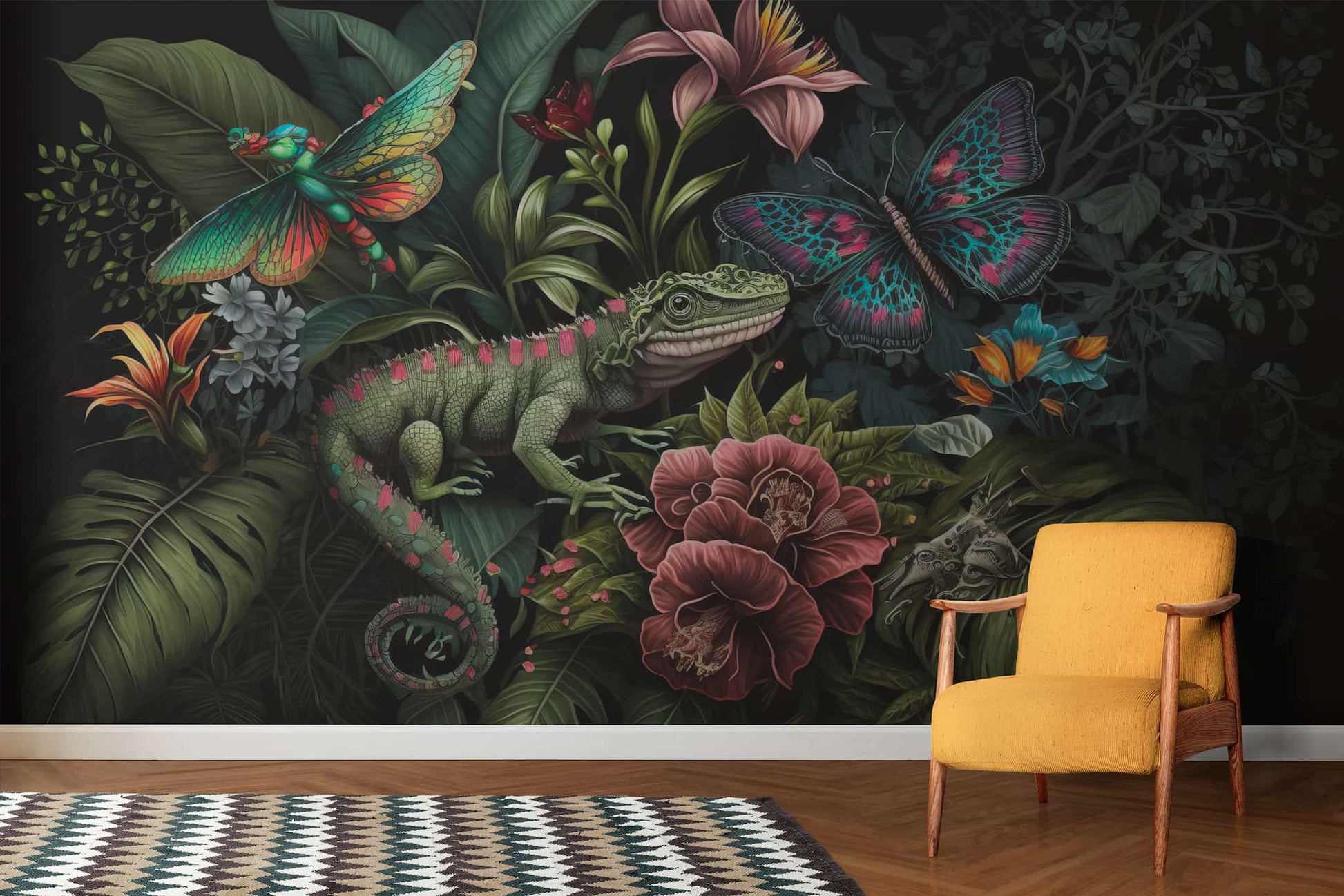 Chameleon and Butterflies Wallpaper Botanical Dark Wall Art YF-00327