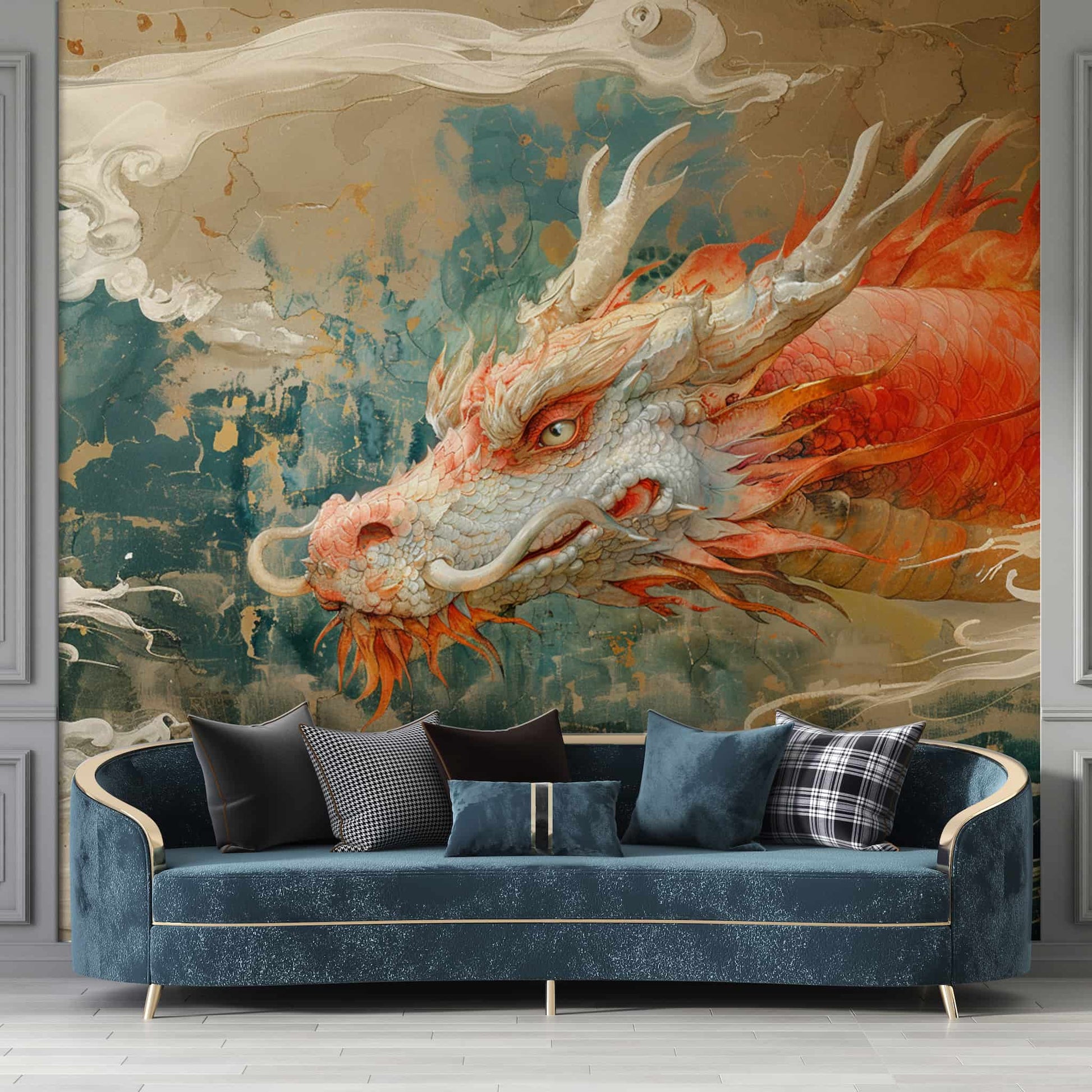 Chinese Dragon Wallpaper | Chinoiserie Wall Mural YCO-03005