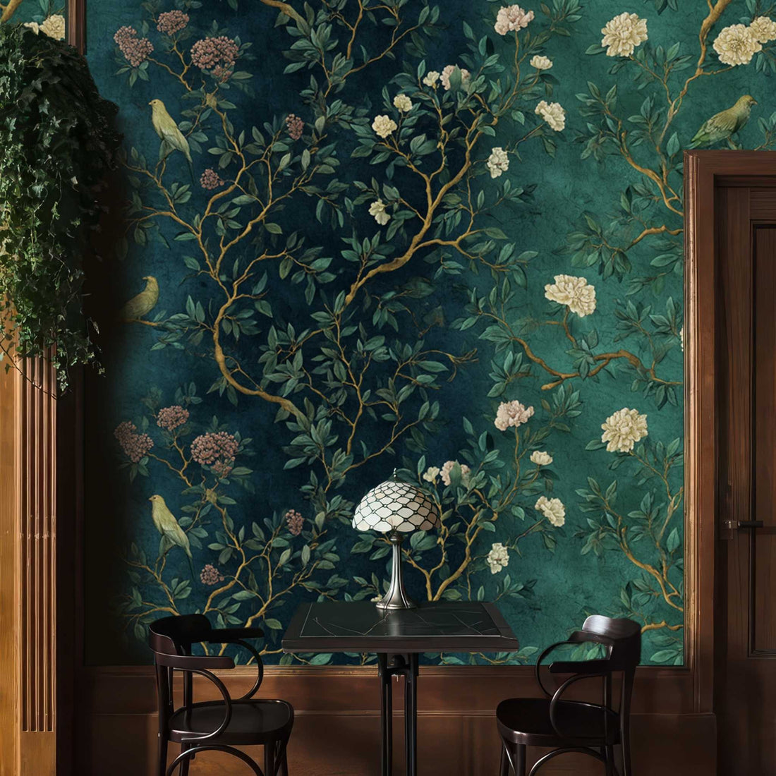 Chinoiserie Botanical Wallpaper Elegant Green Floral Bird Wall Art YM-06010